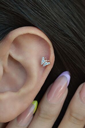 Rose Renkli Kelebekli Helix Piercing Kıkırdak Lob