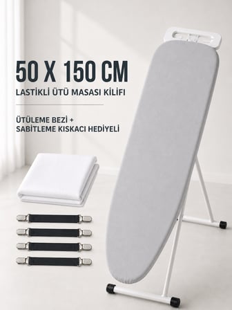 Beylini HEDİYELİ Ütü Masası Kılıfı Ütü Bezi ve Gerdirme Kayışı 50x150 CM Lastikli 4 Katmanlı Süngerli Pamuklu Isıya Dayanıklı Ütü Kılıfı