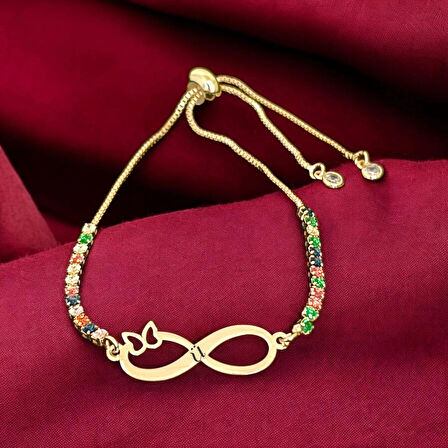 Muazzam, Sonsuzluk Kelebek Motifli Renkli Taş Desenli ve 14 Ayar Altın Plakalı Ü Harfli Bileklik