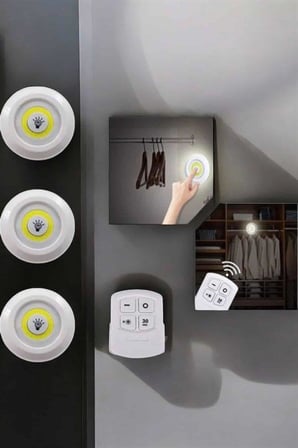 Spot Lamba Led Işık 3'lü Uzaktan Kumandalı Pilli Yapışkanlı Kablosuz -