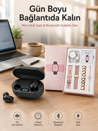 Nabız Ölçer Hediye Bileklikli Akıllı Saat ve Dijital Göstergeli Bluetooth Kulaklık Çoklu Şarj Girişi -