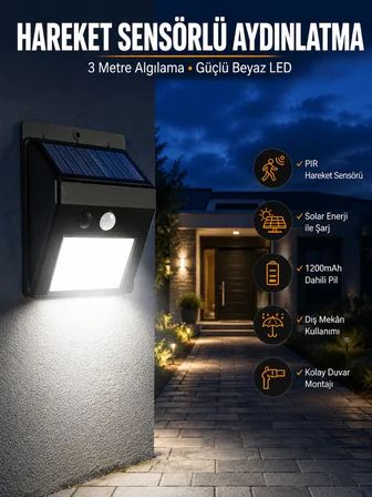 Solar Güneş Enerji Panelli Sensörlü Lamba Enerji Tasarruflu -
