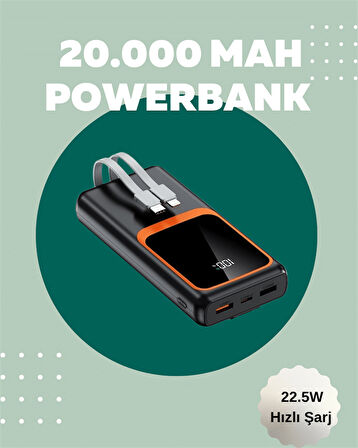 Dijital Ekranlı 20.000 mAh Powerbank | 22.5W Hızlı Şarj + Çoklu Bağlantı Seçeneği