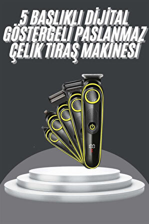 5 Başlıklı Şarjlı Tıraş Makinesi Led Ekran Saç Sakal Ense Tıraşına Uygun Bakım Seti