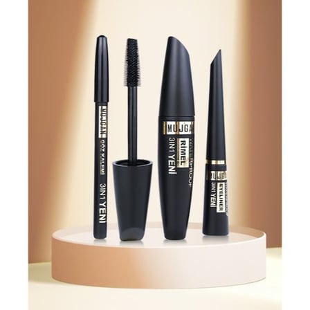 Premium Hacimli Stil Suya Dayanıklı Kozmetik Siyah Eyeliner Maskara Kalem 3'ü 1 Arada