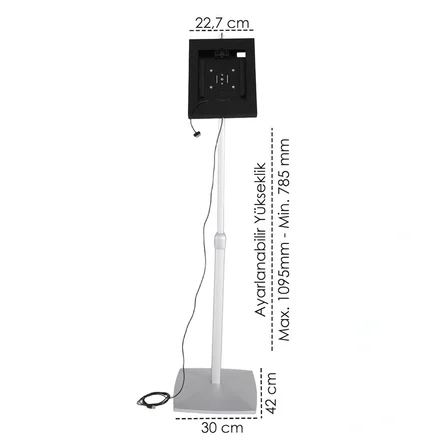 Universal Tablet Standı, 9.7-10.1 İnç Uyumlu, Kilitlenebilir ve 360° Dönebilir Yer Standı, Kablo Kanallı Profesyonel Kiosk, Gümüş/Siyah