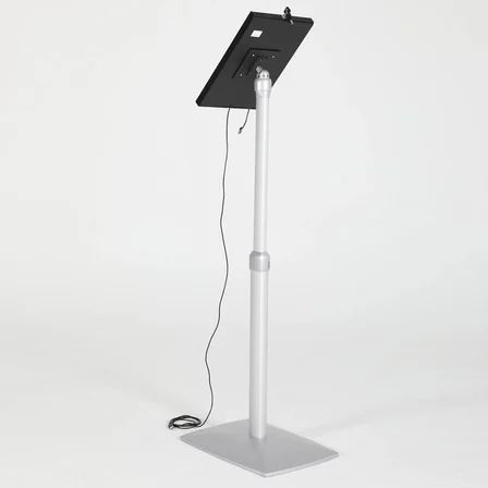 Universal Tablet Standı, 9.7-10.1 İnç Uyumlu, Kilitlenebilir ve 360° Dönebilir Yer Standı, Kablo Kanallı Profesyonel Kiosk, Gümüş/Siyah
