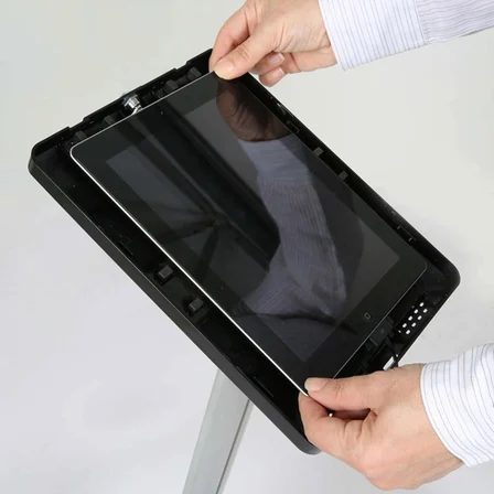 Universal Novel Tablet Standı, 9.7-10.1 İnç Uyumlu, Kilitlenebilir ve 360° Dönebilir Yer Standı, Kablo Kanallı Kiosk, Gümüş/Siyah