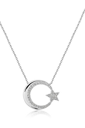 Ay Yıldız Figürlü Rodyum Kapalama Nano Zirkon Kolye