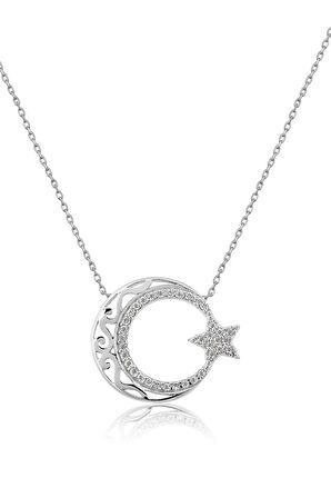 Motifli Ayyıldız Figürlü Rodyum Kaplama Nano Zirkon Kolye UVPS100017