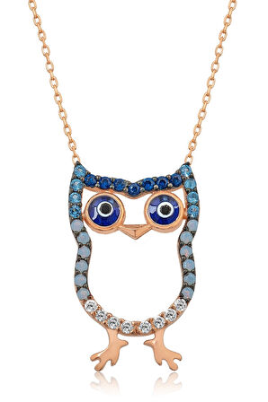 Baykuş Kolye, Gümüş, Renkli Nano Taşlı, Rose Altın Kaplama