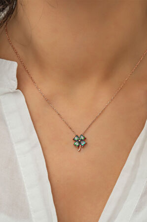 Mistik Taşlı Yonca Kolye. Rose Altın Kaplama 925 Ayar Gümüş.