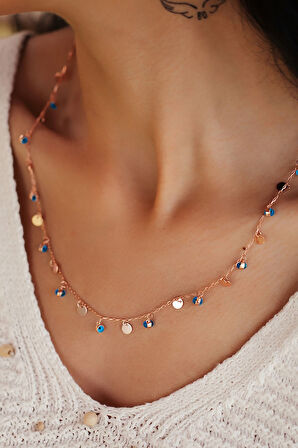 Nazarlı Yuvarlak Pullu Sıra Kolye. Özel Üretim Rose Altın Kaplama 925 Ayar Gümüş.