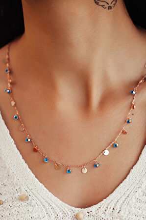 Nazarlı Yuvarlak Pullu Sıra Kolye. Özel Üretim Rose Altın Kaplama 925 Ayar Gümüş.