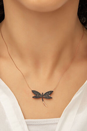 Yusufçuk Kolye. Rose Altın Kaplama Siyah Nano Zirkon Taşlı 925 Ayar Gümüş.