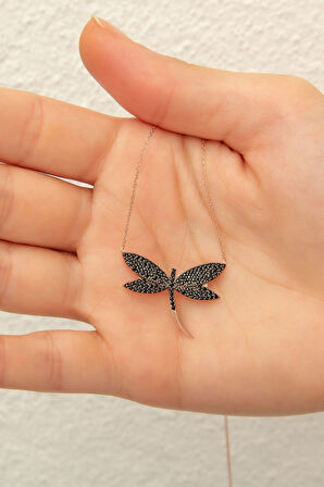 Yusufçuk Kolye. Rose Altın Kaplama Siyah Nano Zirkon Taşlı 925 Ayar Gümüş.