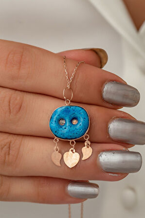 Süryani Gözü Nazar Boncuğu Kalp Pullu Rose Altın Kaplama 925 Ayar Gümüş Kadın Kolyesi