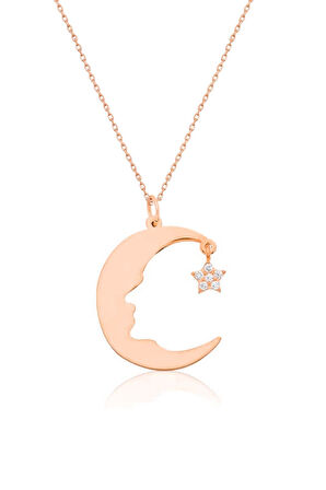 Atatürk Silüeti Ay Yıldız Nano Taşlı Rose Altın Kaplama Gümüş Kadın Kolye Uvps100069