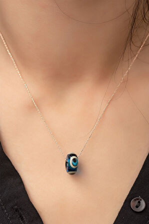 Nazar Göz Lacivert Mavi Hareli Kolye 925 Ayar Rose Altın Kaplama Gümüş Zincirli Uvps100103