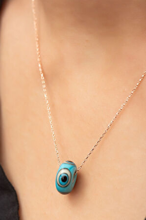 Nazar Göz Gök Mavisi Hareli Kolye 925 Ayar Rose Altın Kaplama Gümüş Zincirli Uvps100104