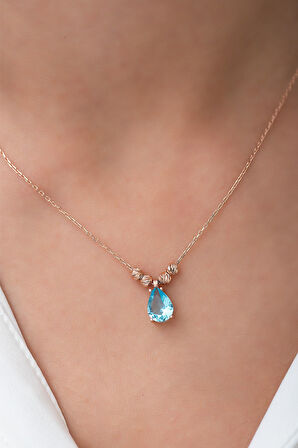 Mavi Damla Kolye Kenarları Çift Dorica Topludur Rose Altın Kaplama 925 Ayar Gümüş - Uvps100113