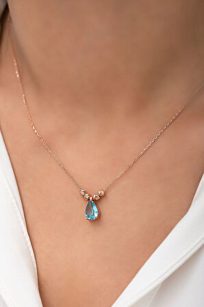 Mavi Damla Kolye Kenarları Çift Dorica Topludur Rose Altın Kaplama 925 Ayar Gümüş - Uvps100113