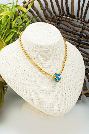 925 Ayar Gümüş Altın Kaplama Arpa Zincirli Süryani Gözlü Nazar Kolye