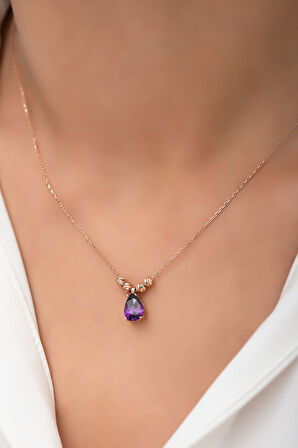 Ametist Damla Kolye Kenarları Çift Dorica Toplu Rose Altın Kaplama 925 Ayar Gümüş - Uvps100117