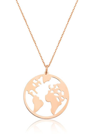 Dünya Haritası Kolye Halka Formda Rose Altın Kaplama 925 Ayar Gümüş - Uvps100181