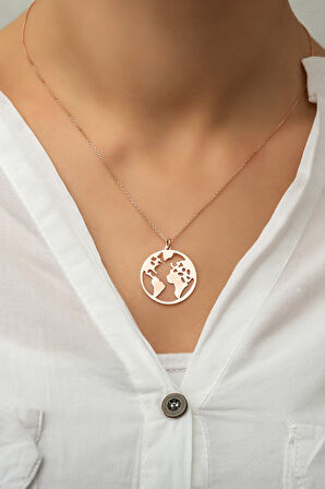 Dünya Haritası Kolye Halka Formda Rose Altın Kaplama 925 Ayar Gümüş - Uvps100181