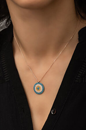 Firuze ;Taşlı Nazar Kolye Rose Gold Kaplama 925 Ayar Gümüş