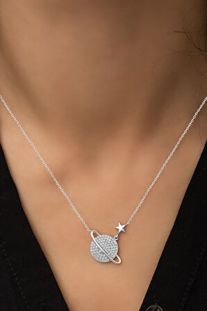 Nano Zirkon Taşlı Gezegen Kolye Rodyum Kaplama 925 Ayar Gümüş Kadın Kolye - Uvps100215