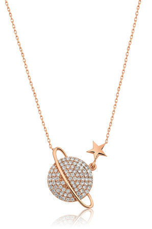 Nano Zirkon Taşlı Gezegen Kolye Rose Altın Kaplama 925 Ayar Gümüş Kadın Kolye - Uvps100216