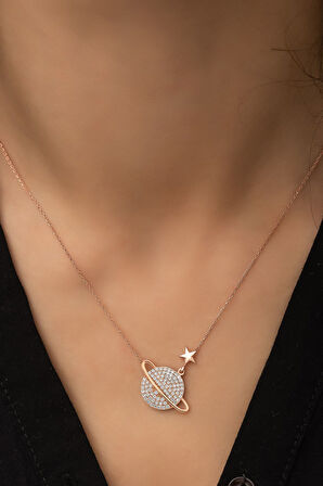 Nano Zirkon Taşlı Gezegen Kolye Rose Altın Kaplama 925 Ayar Gümüş Kadın Kolye - Uvps100216