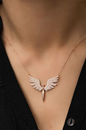 Melek Kolye - Mikail Meleği Rose Altın Kaplama Nano Zirkon Taşlı 925 Ayar Gümüş Kolye - Uvps100221