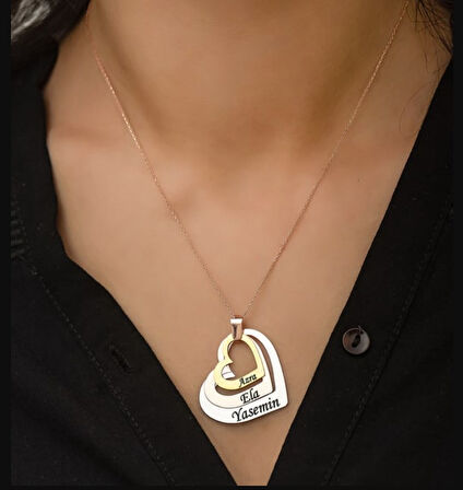 Üç Kalp Renkli Kişiselleştirlebilir Aile Kolyesi