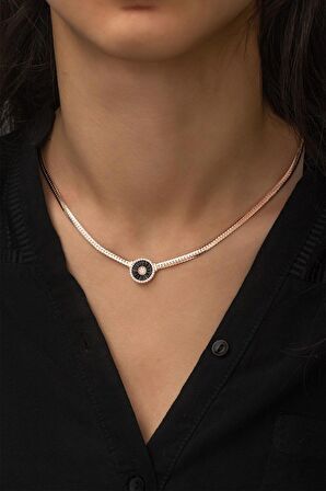 Yassı Zincir Nano Zirkon Taşlı Rose Gold Kaplama 925 Ayar Gümüş Kolye - UVPS100241
