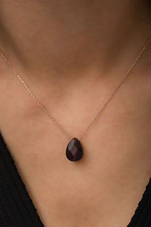 Fasetli Kesim Bordo Damla Kolye - Rose Gold Kaplama 925 Ayar Gümüş Zincir - UVPS100251