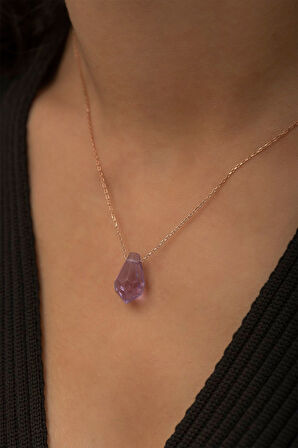 Fasetli Kesim Üç Boyutlu Lila Damla Kolye - 925 Ayar Gümüş Zincir - UVPS100270