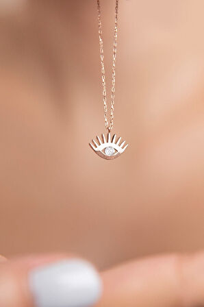 925 Ayar Rose Altın Kaplama Gümüş Tek Taş Göz Kolye