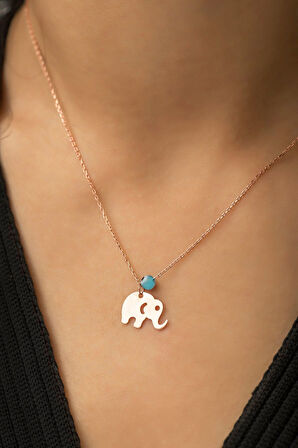 925 Ayar Nazar Boncuklu Rose Altın Kaplama Gümüş Fil Kolye