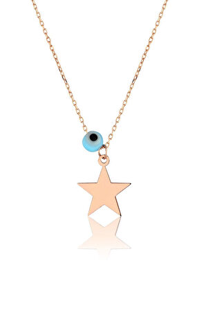 925 Ayar Nazar Boncuklu Rose Altın Kaplama Gümüş Yıldız Kolye