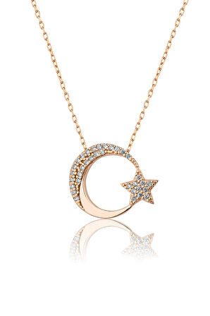 925 Ayar Rose Altın Kaplama Gümüş Ay Yıldız Kolye