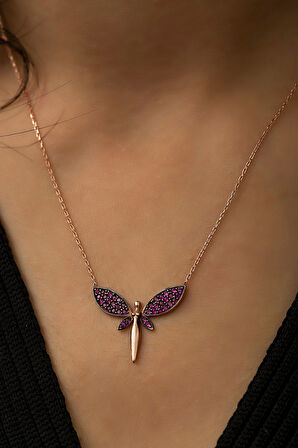 Fuşya Taşlı Rose Yusufçuk Gümüş Kolye