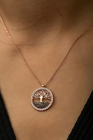 Rose Altın Kaplama Taşlı Ağaç Gümüş Kolye