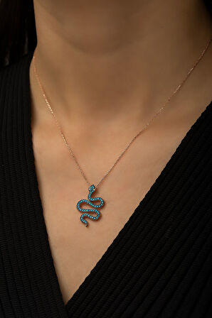 Yılan Kolye Firuze Taşlı Rose Gold Kaplama 925 Ayar Gümüş Kolye