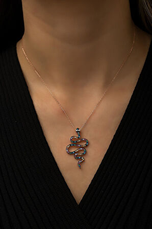 Yılan Kolye Renkli Mix Nano Zirkon Taşlı Rose Gold Kaplama 925 Ayar Gümüş Kolye - Uvps100410