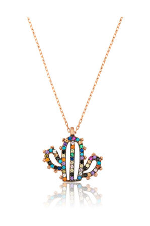 Kaktüs Kolye Mix Renkli Nano Zikon Taşlı Rose Gold Kaplama 925 Ayar Gümüş Kolye - Uvps100426