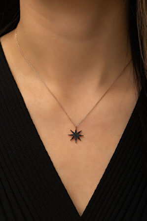 Kutup Yıdızı Siyah Nano Zirkon Taşlı Kolye Rose Altın Kaplama 925 Ayar Gümüş - Uvps100441