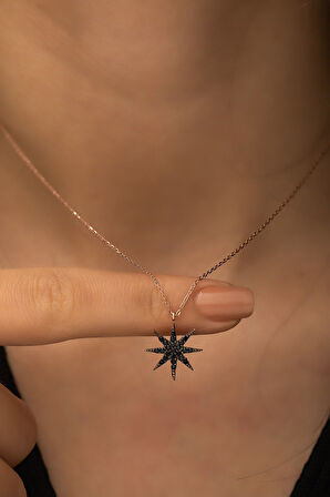 Kutup Yıdızı Siyah Nano Zirkon Taşlı Kolye Rose Altın Kaplama 925 Ayar Gümüş - Uvps100441